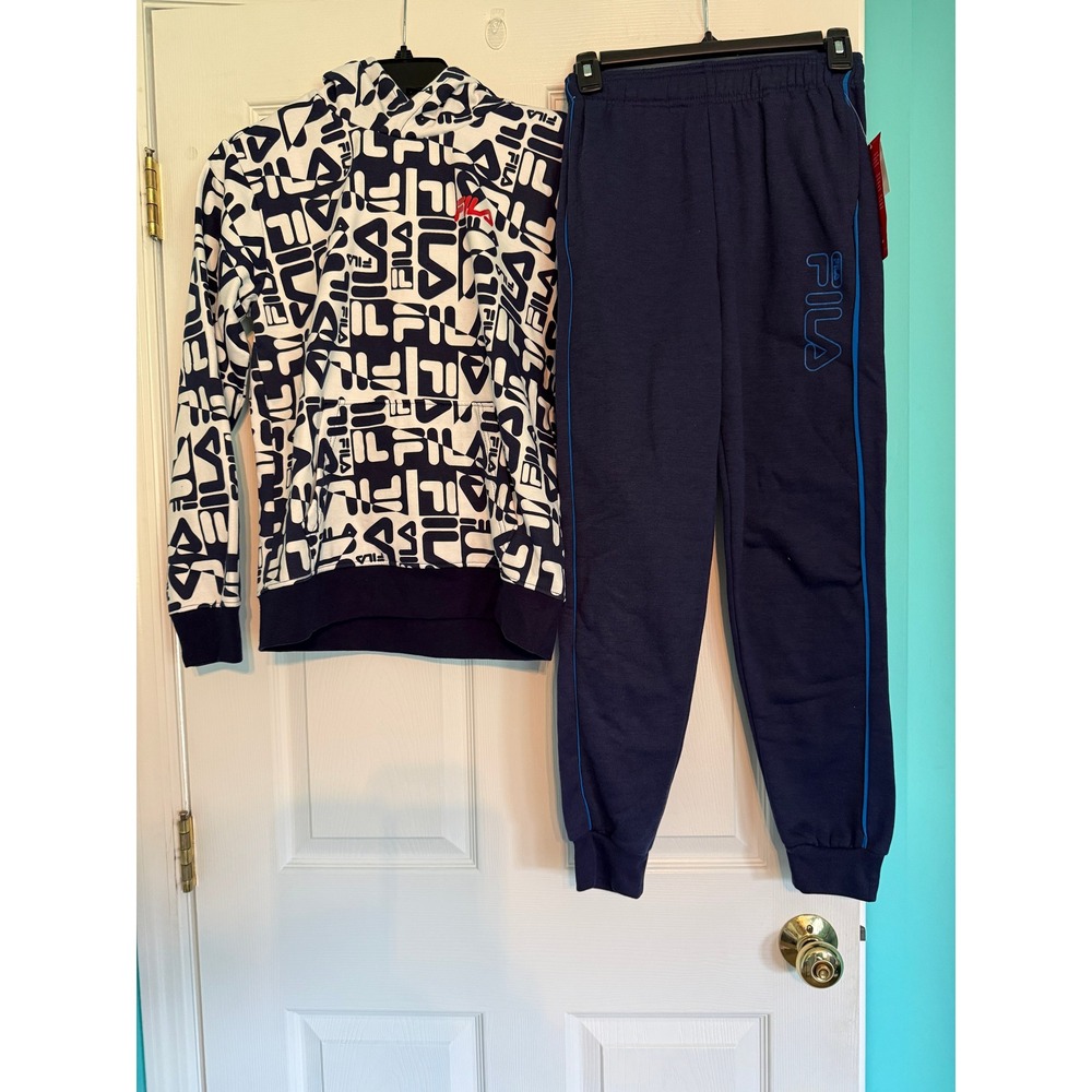 Fila Boys Navy White Logo Hoodie and Joggers Tracksuit Set Size M 10/12